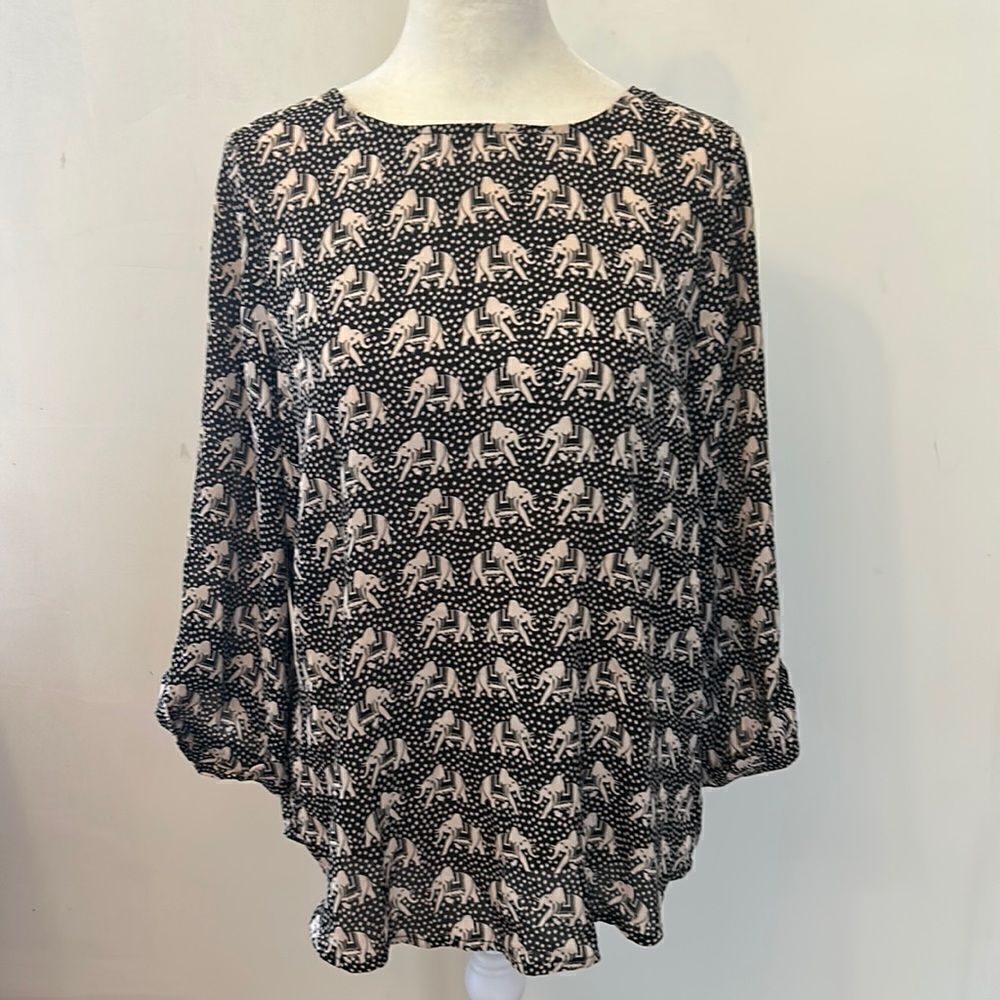 Pixley black tan elephant patterned long rollable sleeve blouse Size S